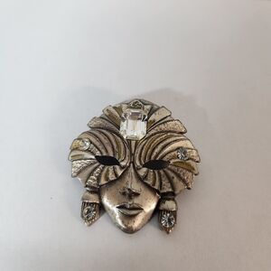 Vintage Pewter Mask Brooch with Rhinestones